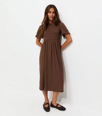 petite brown dresses Dark Woven Texture Shirred Bodice Midi Dress Chief Bridesmaid Dress: Perfect status_Prom_Top_10 Size:52 Portly Regular Rayon Elegant floor