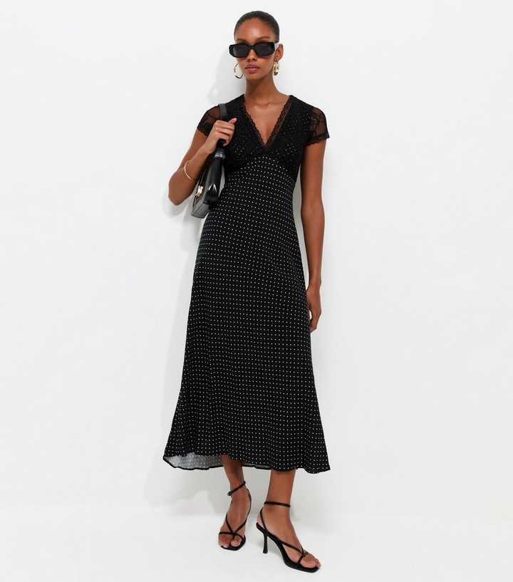 Tall Black Polka Dot Lace Bust Cap Sleeve Midi Dress
