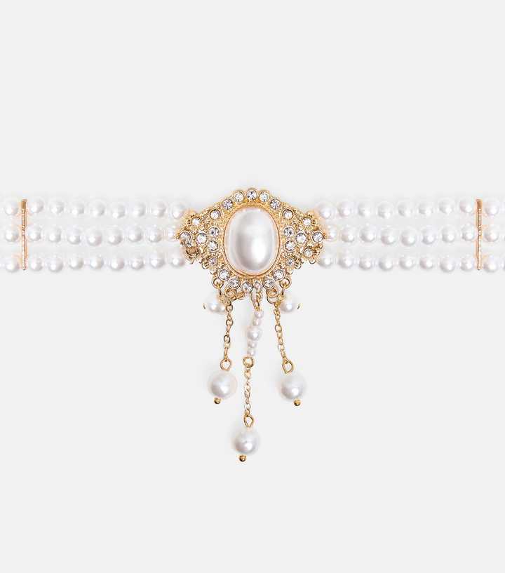 Public Desire Off White Faux Pearl Diamanté Choker Necklace