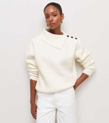 Cream Asymmetric Collar Button Shoulder Knitted Jumper