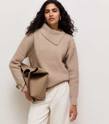 Mink Asymmetric Collar Button Shoulder Knitted Jumper