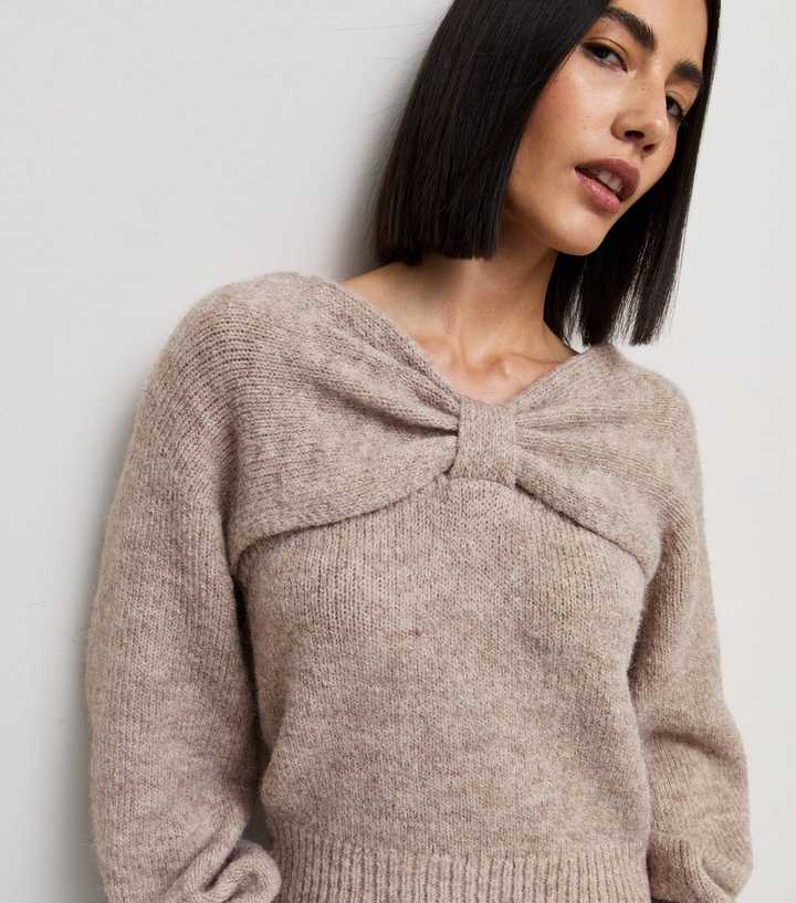 Oatmeal Bow Bardot Neck Knit Jumper