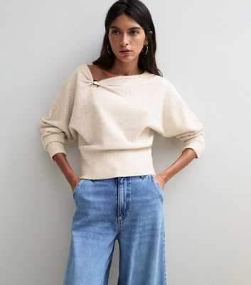 Oatmeal Brooch Detail Slashed Neck Top