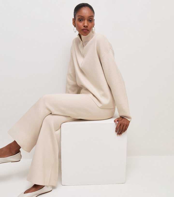 Cream Knit Wide Leg Trouser