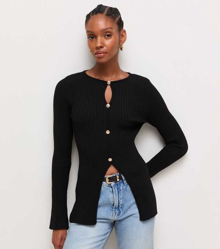 Black Shoulder Pad Button Through Long Sleeve Top