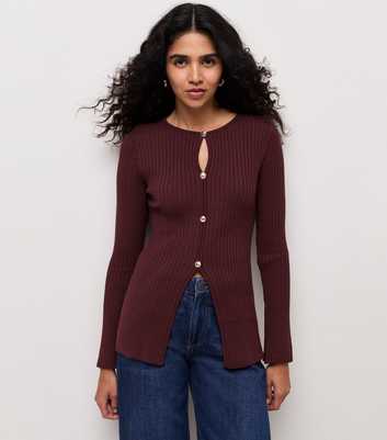 Dark Burgundy Ribbed Knit Button Long Sleeve Top