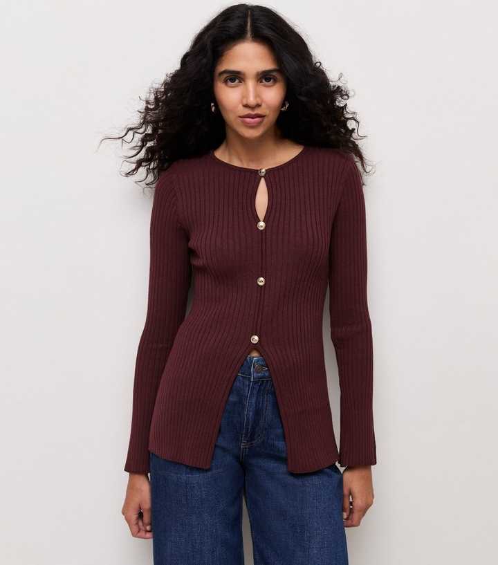 Dark Burgundy Ribbed Knit Button Long Sleeve Top