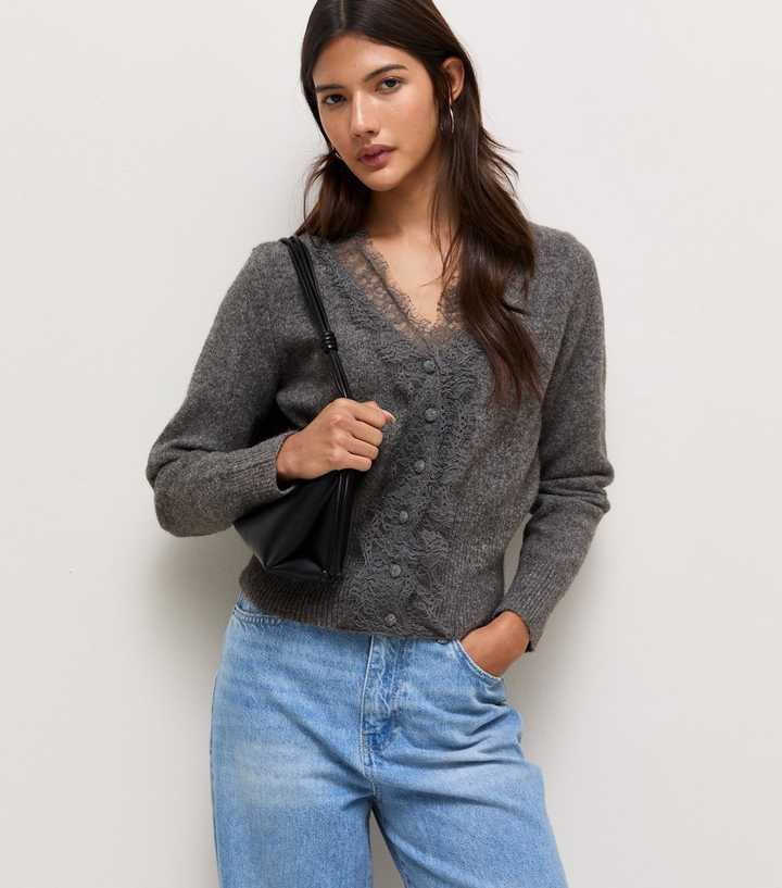 Grey Lace Placket Cardigan