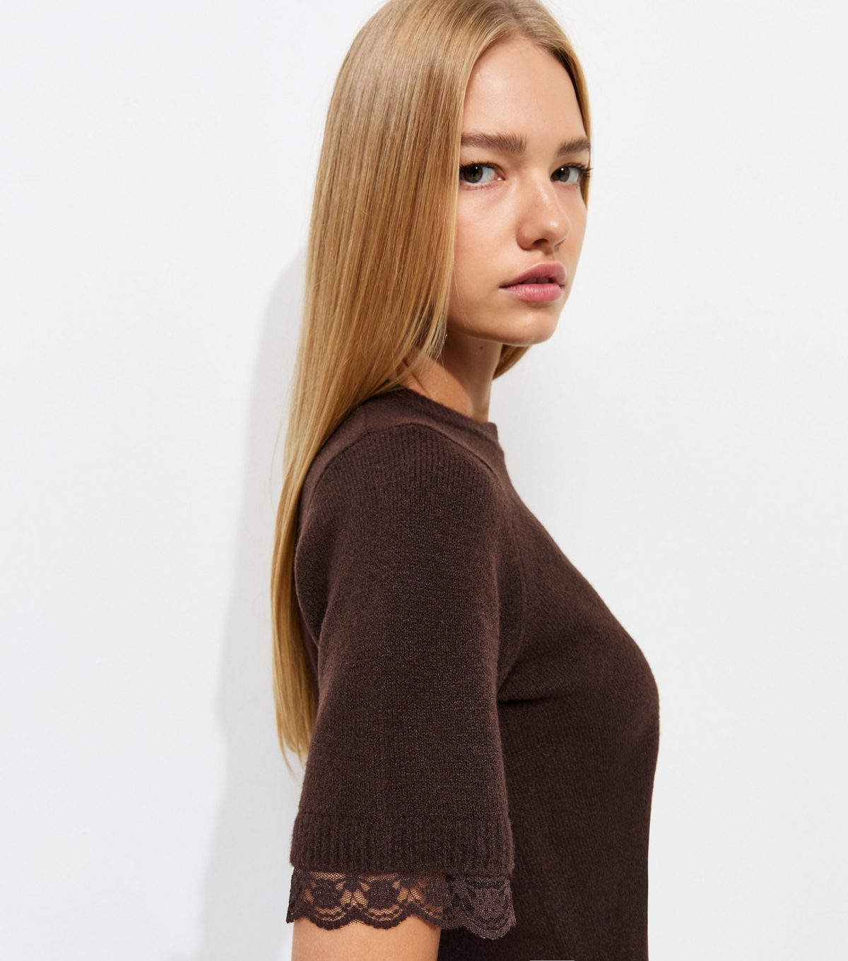 Women's Dark Brown Lace Trim Knit T-Shirt New Look