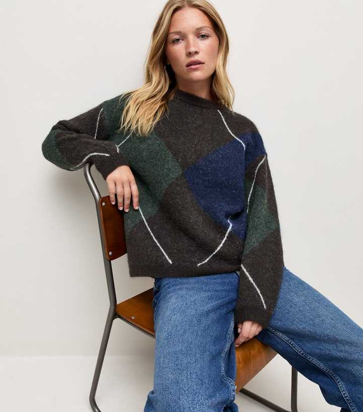 Grey Argyle Knit Crew Neck Jumper with Wool