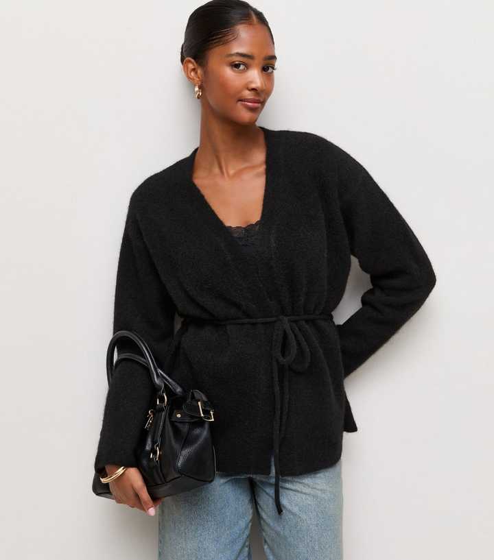 Black Knit Wrap Belt Cardigan with Wool