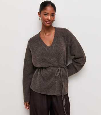 Dark Mink Knit Wrap Belt Cardigan with Wool