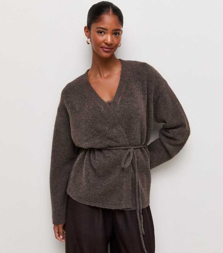 Dark Mink Knit Wrap Belt Cardigan with Wool