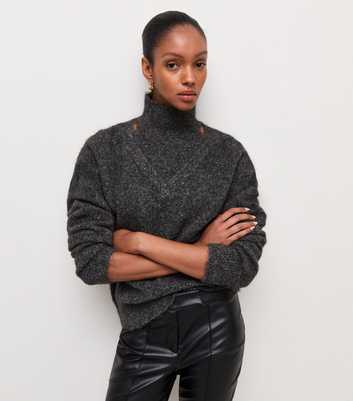 Grey Knitted High Neck Cut Out Jumper
