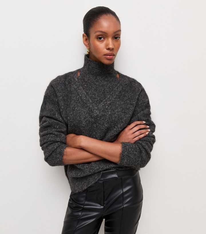 Grey Knitted High Neck Cut Out Jumper