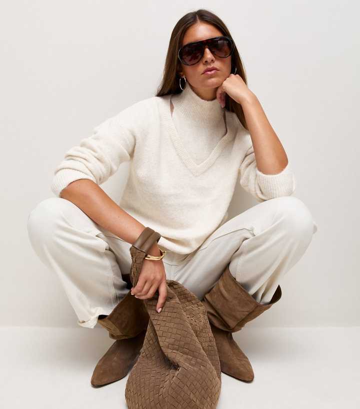 Cream Cut Out Collar Knitted Jumper with Wool