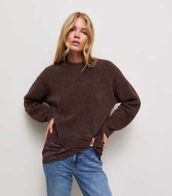Dark Brown Lace Hem Brooch Jumper with Wool