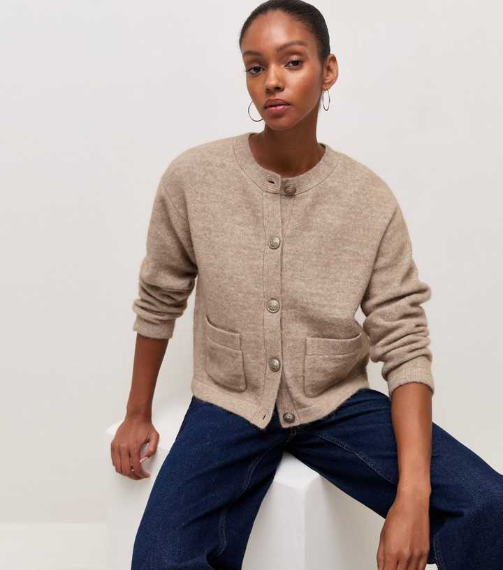 Light Mink Knitted Front Pocket Cardigan