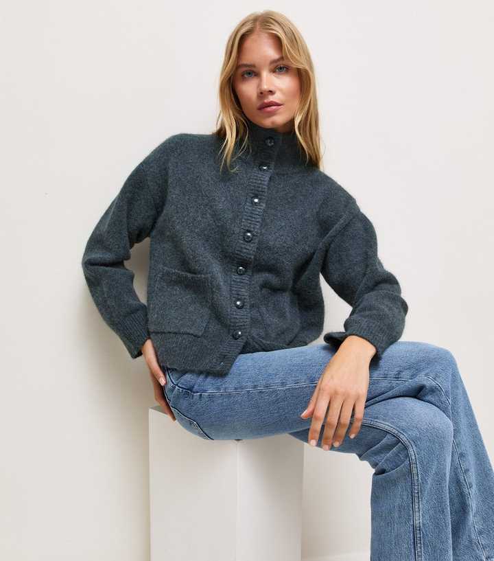 Blue Knitted Patch Pocket Funnel Neck Cardigan with Wool