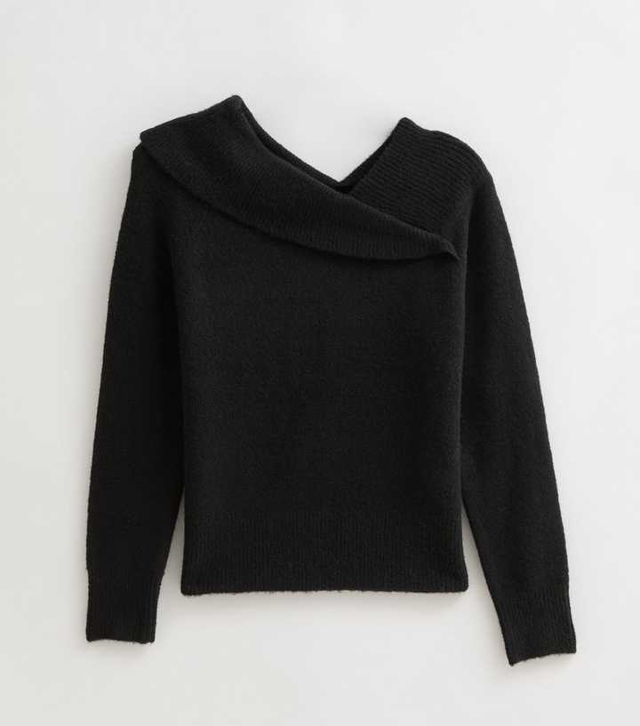 Black Wrap Over Bardot Neck Jumper