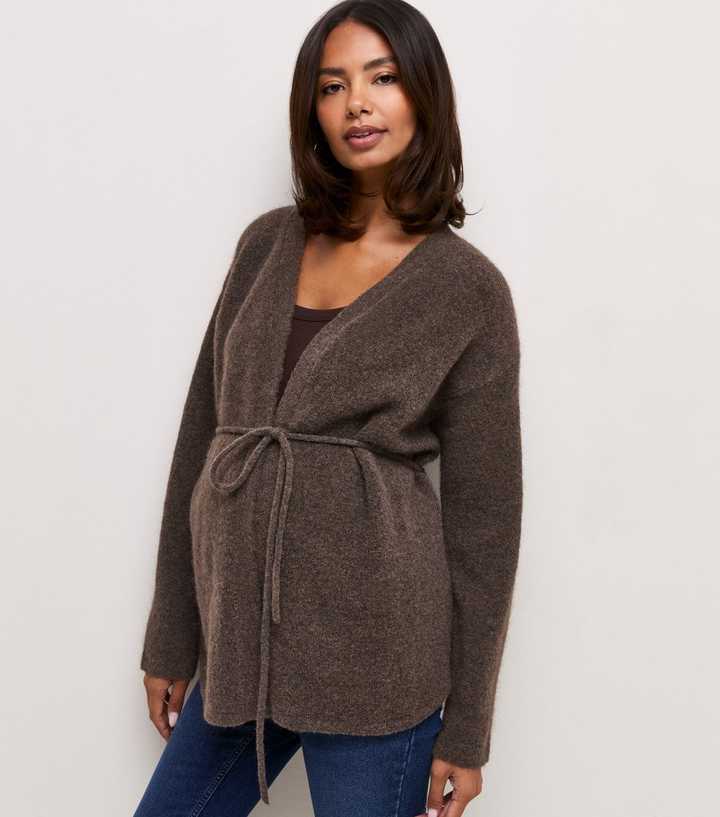 Maternity Dark Mink Knitted Belt Cardigan with Wool