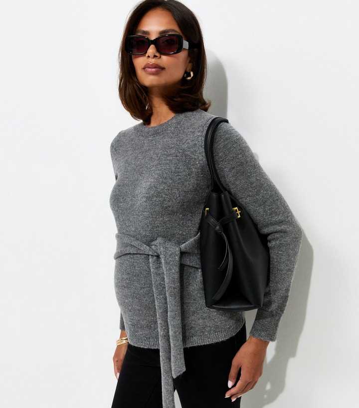 Maternity Grey Tie Front Knitted Jumper