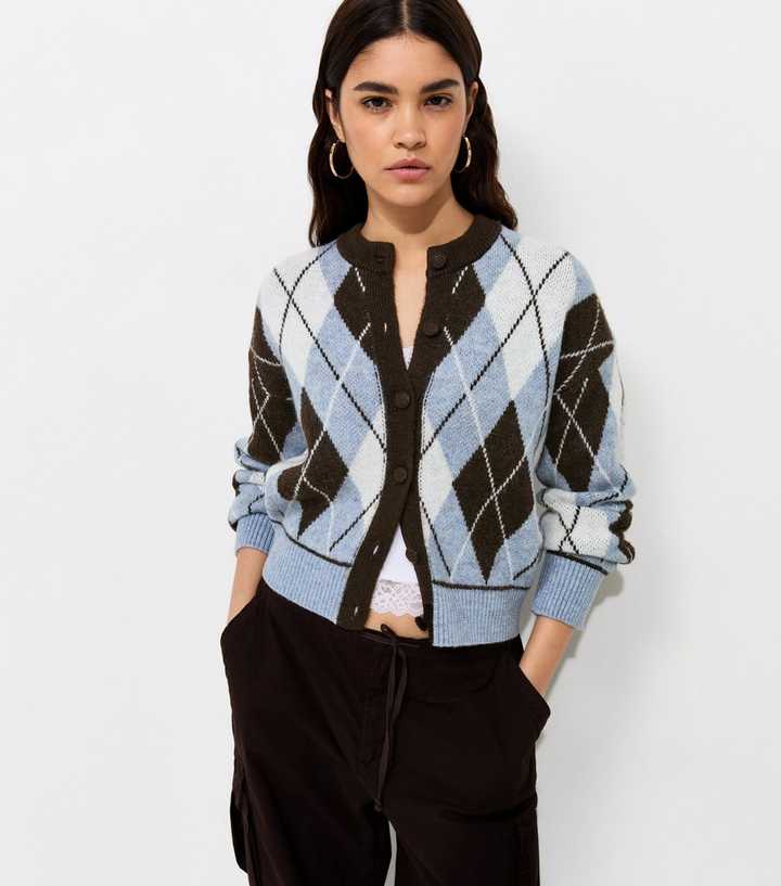 Blue Argyle Crew Neck Cardigan