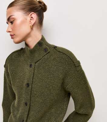 Dark Khaki Ribbed Knit Funnel Neck Cardigan