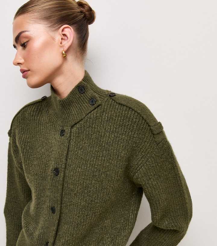 Dark Khaki Ribbed Knit Funnel Neck Cardigan