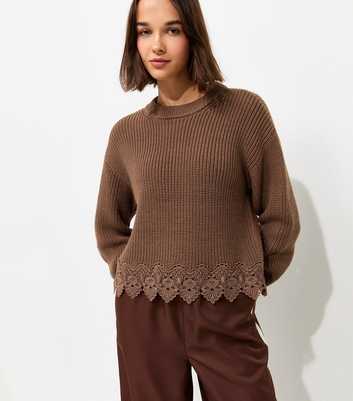 Brown Chunky Knit Lace Hem Jumper