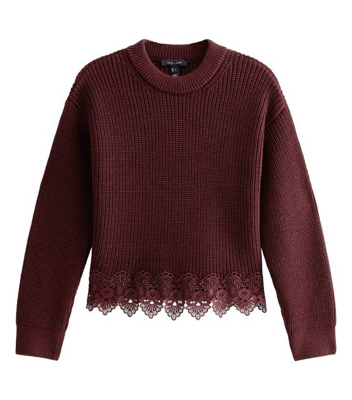 Dark Burgundy Chunky Knit Lace Hem Jumper
