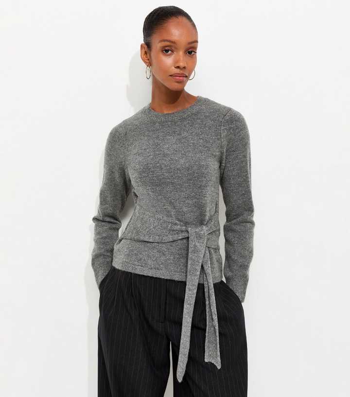 Grey Knitted Tie Front Jumper