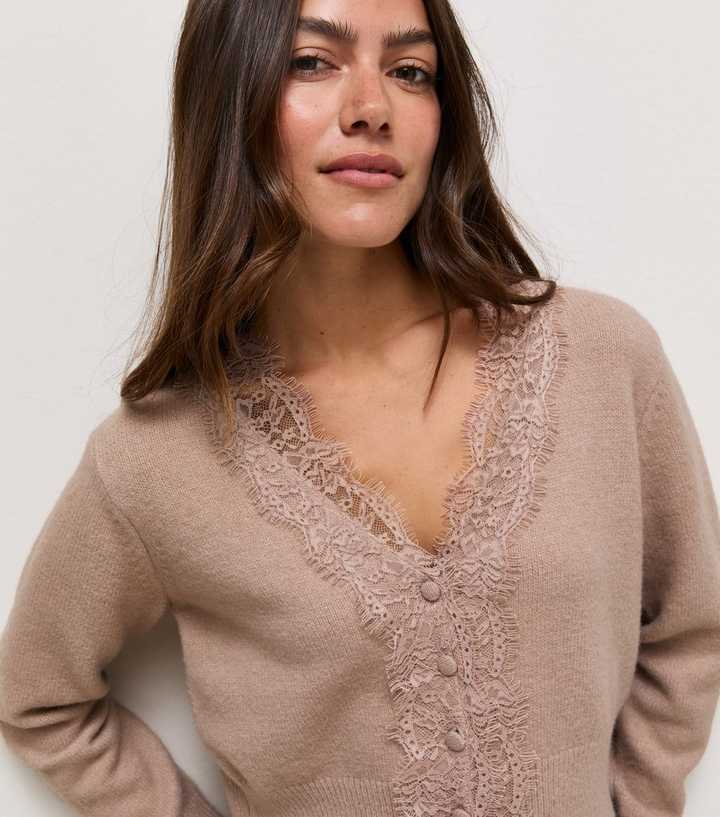 Petite Light Mink Knitted Lace Trim Long Sleeve Cardigan
