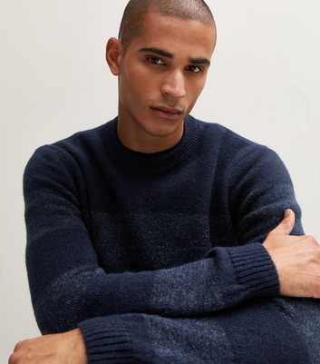 Blue Regular Fit Fluffy Knit Striped Crew Neck Jumper