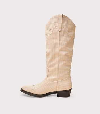 Public Desire Off White Apollo Faux Leather Crocodile Embossed Western Boots