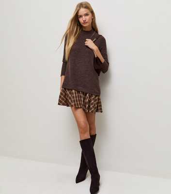Dark Brown 2 in 1 Check Knit Jumper Mini Dress