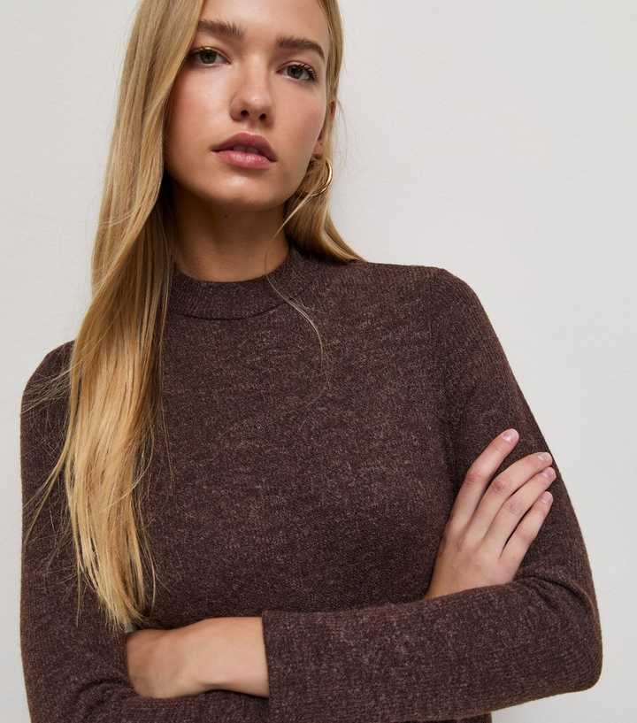 Dark Brown 2 in 1 Check Knit Jumper Mini Dress