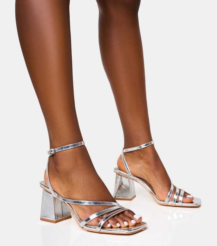 Public Desire Silver Robin Faux Leather Square Toe Block Heel Sandals