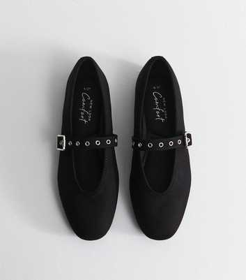 Black Faux Suede Eyelet Strap Mary Jane Flats