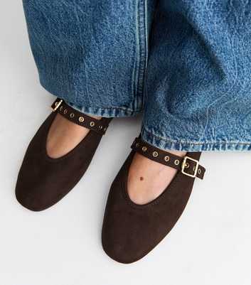 Dark Brown Faux Suede Eyelet Strap Mary Jane Flats