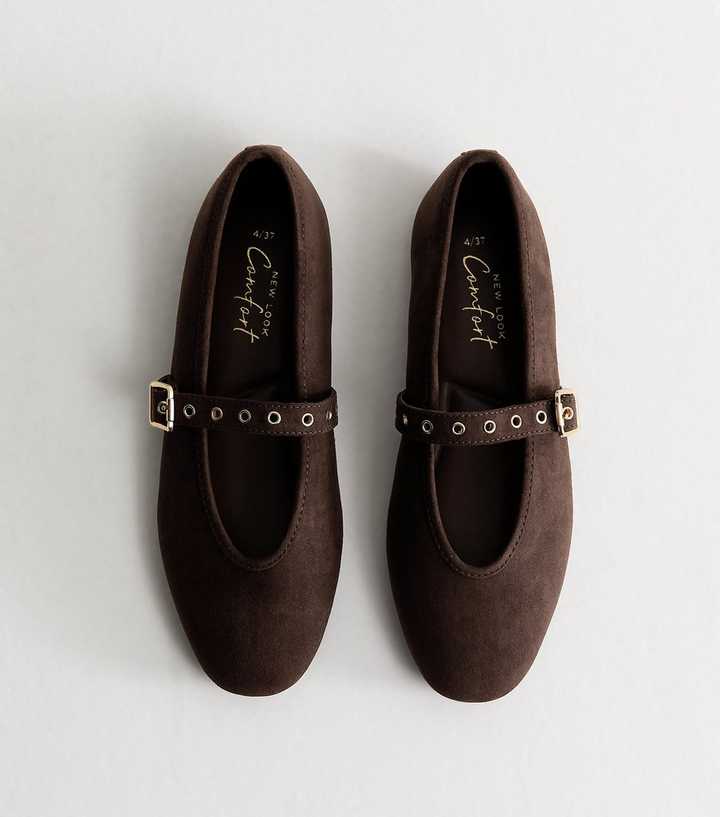 Dark Brown Faux Suede Eyelet Strap Mary Jane Flats