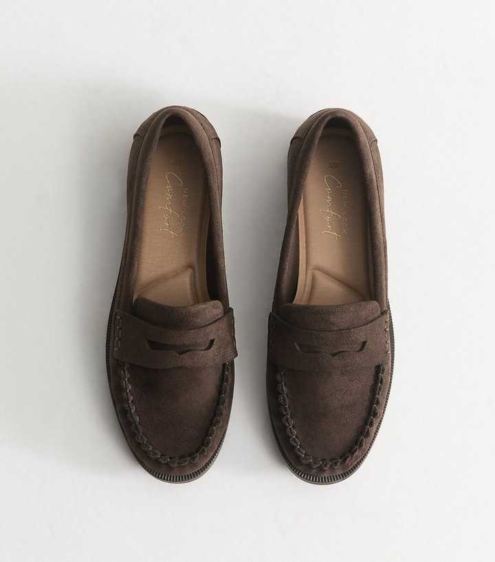 Dark Brown Faux Suede Penny Slot Loafers