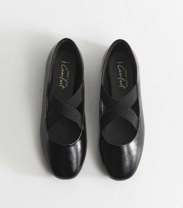 Wide Fit Black Faux Leather Crossover Strap Mary Jane Flats