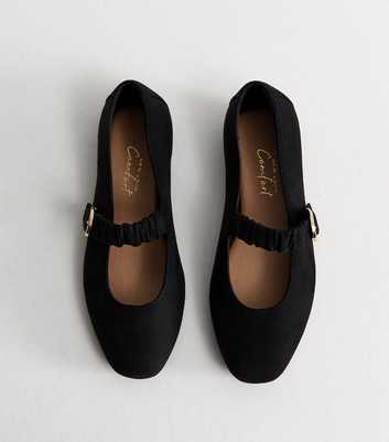 Wide Fit Black Faux Suede Ruched Strap Mary Jane Shoes