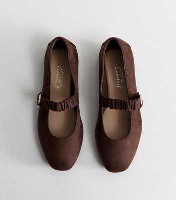 Wide Fit Dark Brown Faux Suede Ruched Strap Mary Jane Shoes