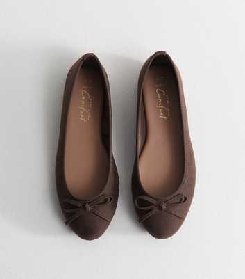 Wide Fit Dark Brown Faux Suede Round Ballet Flats