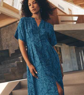 Apricot Blue Leaf Print Midi Shirt Dress