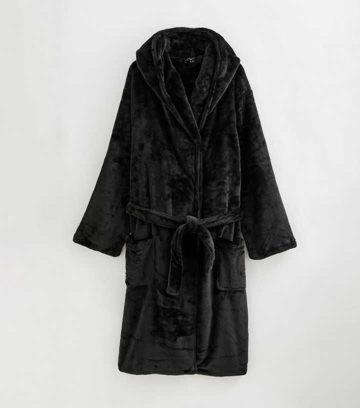 Mens Black Relaxed Hooded Dressing Gown