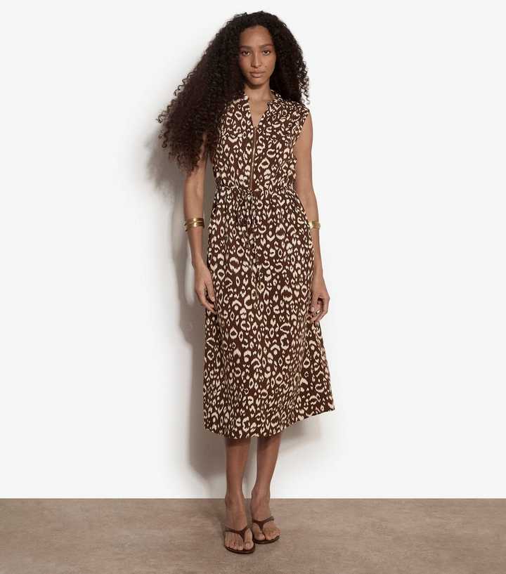 Apricot Brown Animal Print Zip Midi Dress