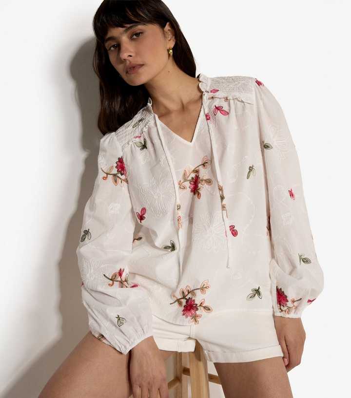 Apricot White Floral Embroidered Shirt
